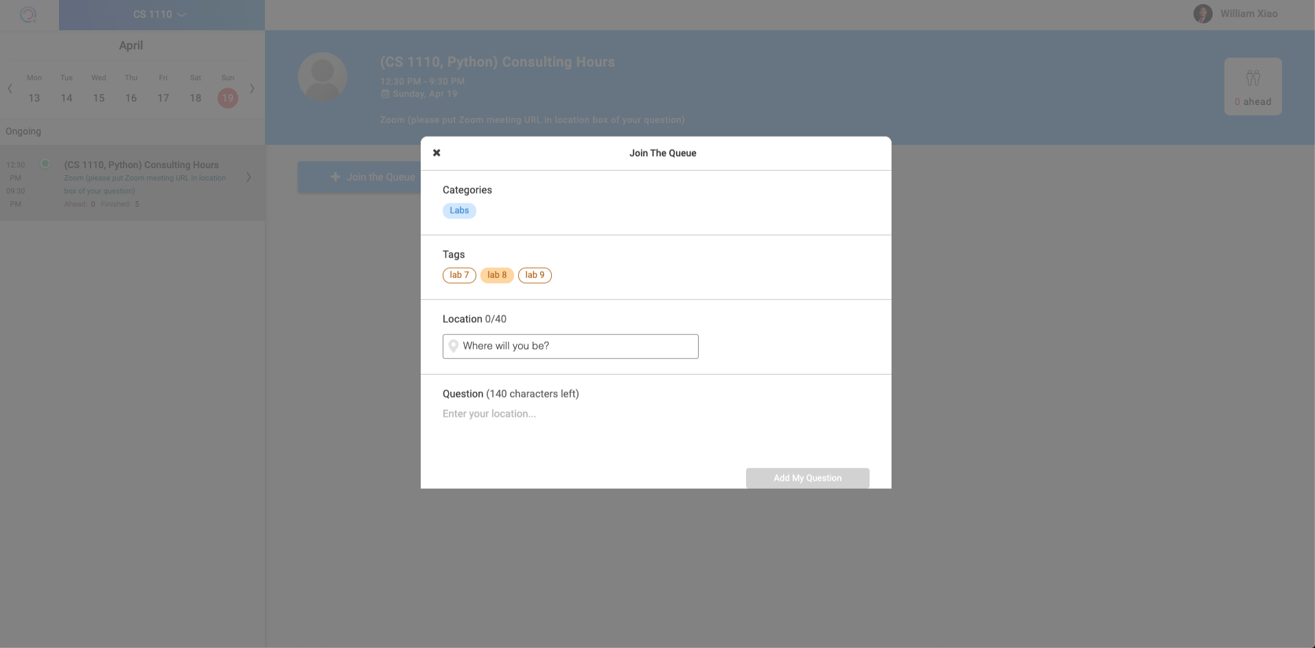 screen shot of four sections shown by queumein