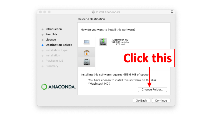 Anaconda Installer window now displays a "Choose Folder..." button, which you should click.