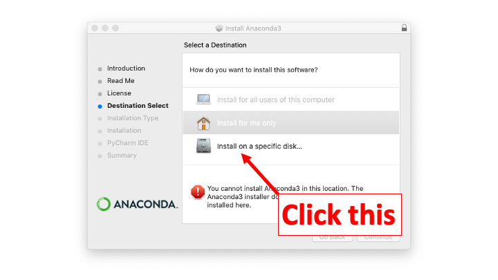 Anaconda3 installer showing the error message "You cannot install Anaconda3 in this location. The Anaconda3 installer does not allow its software to be installed here."  We've added an instruction label "Click this" pointing to the text "Install on a specific disk...".