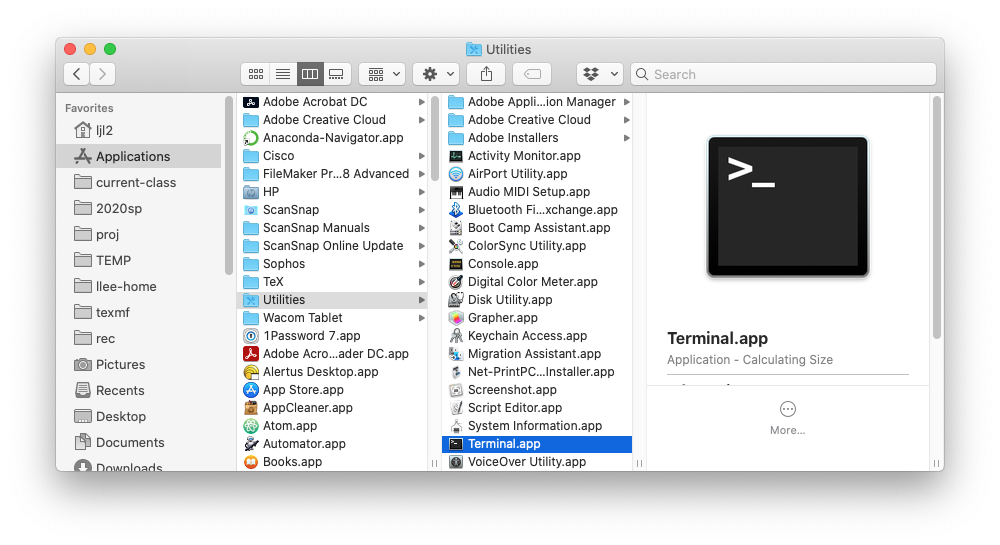 MacOS finder window showing the Terminal app in the Utilites folder in the Applications folder