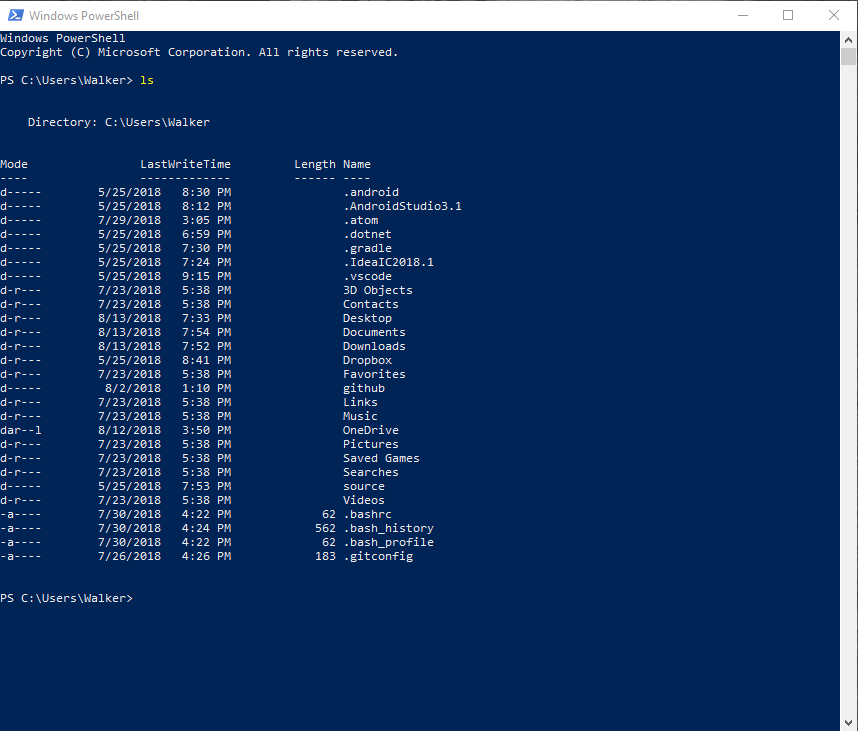 A PowerShell window where the commands 'pwd' and 'ls' have been entered, resulting in the printing out of the name of the current directory, and then the contents of the current directory