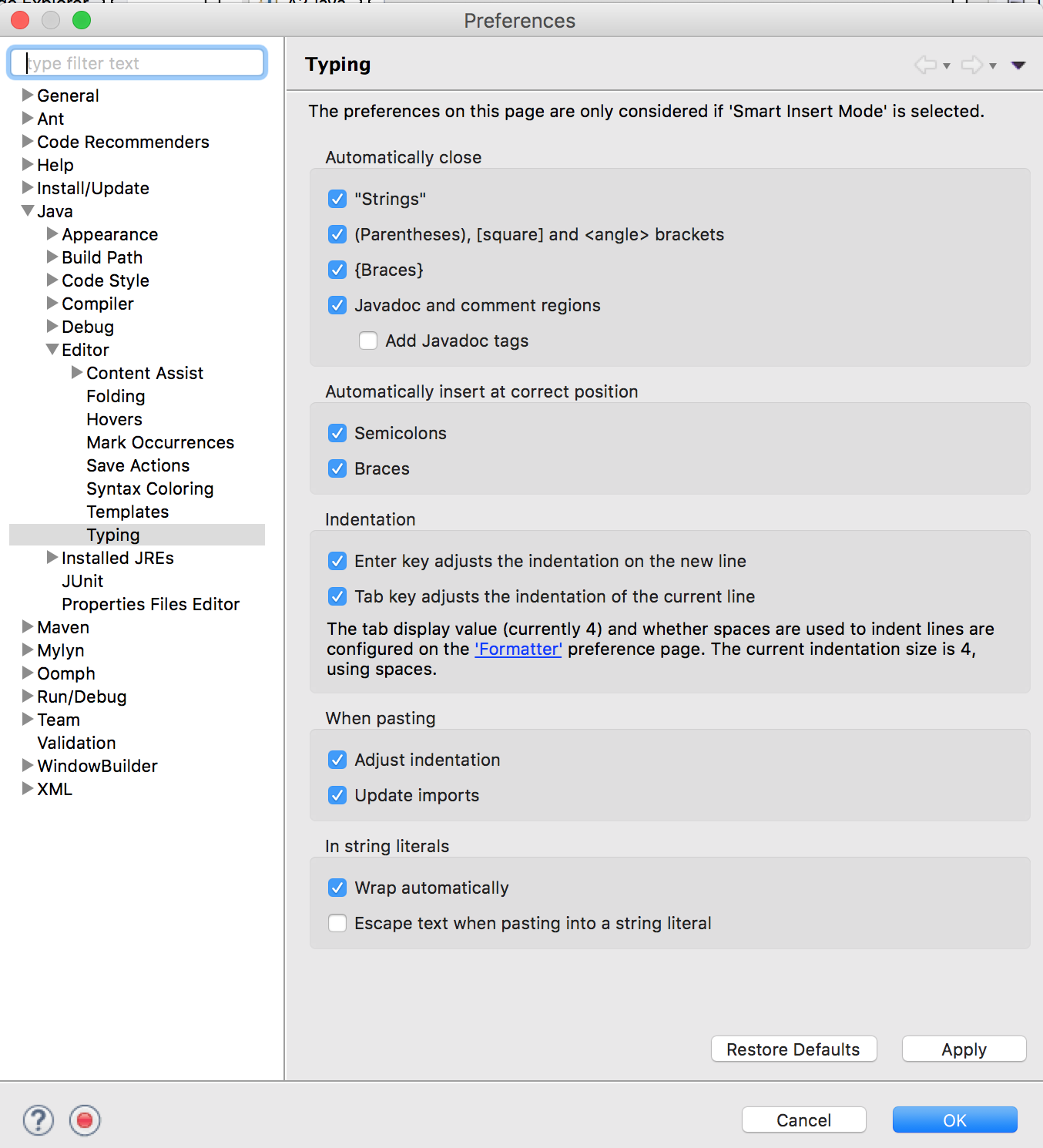 window showing various preferences